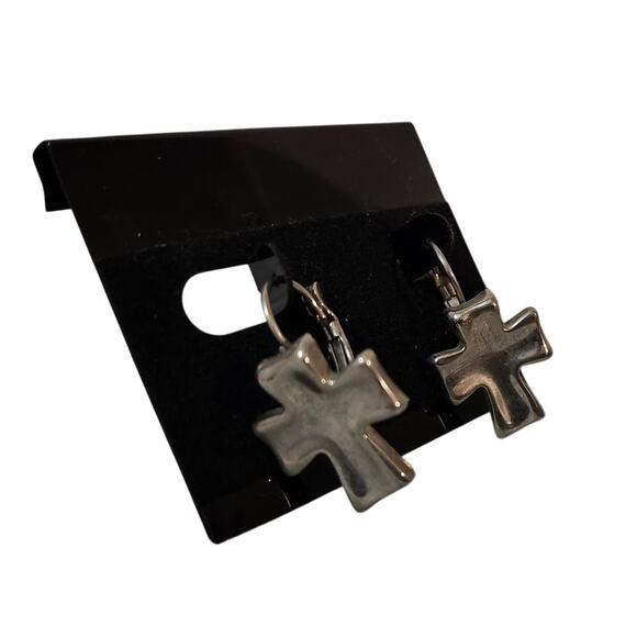 Silver Chunky Cross Hugger Dangle Earrings Block Style Christian - Picture 3 of 8